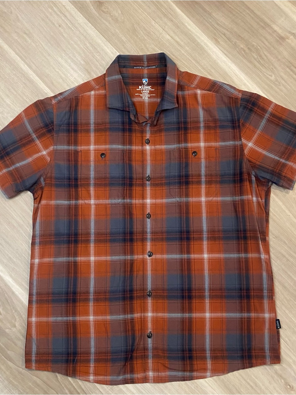 Kuhl Shirt Mens Large Tapered Fit Rust Orange Brown Plaid Short Sleeve Button Up